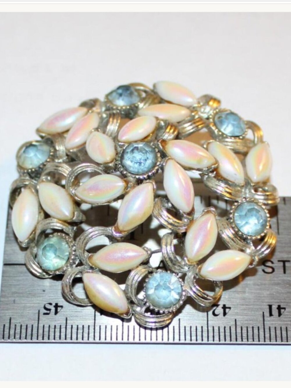 Vintage Signed BSK Round Dome Brooch Iridescent Navette & Blue Rhinestone Pin